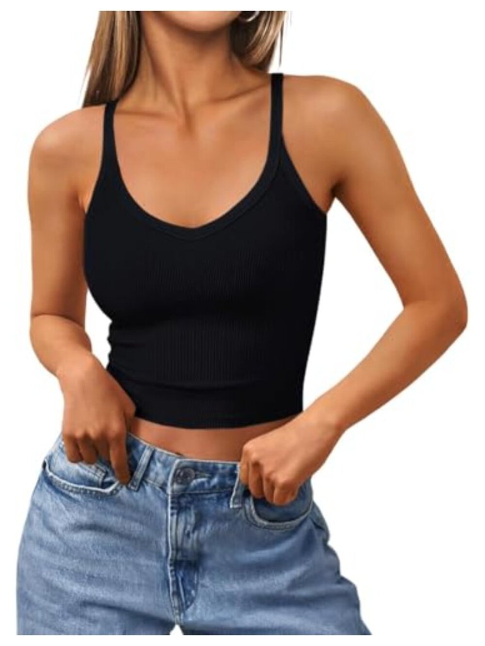 Ribbed Racerback Cropped Workout Tank Top Slim Fit V-Neck Yoga Gym